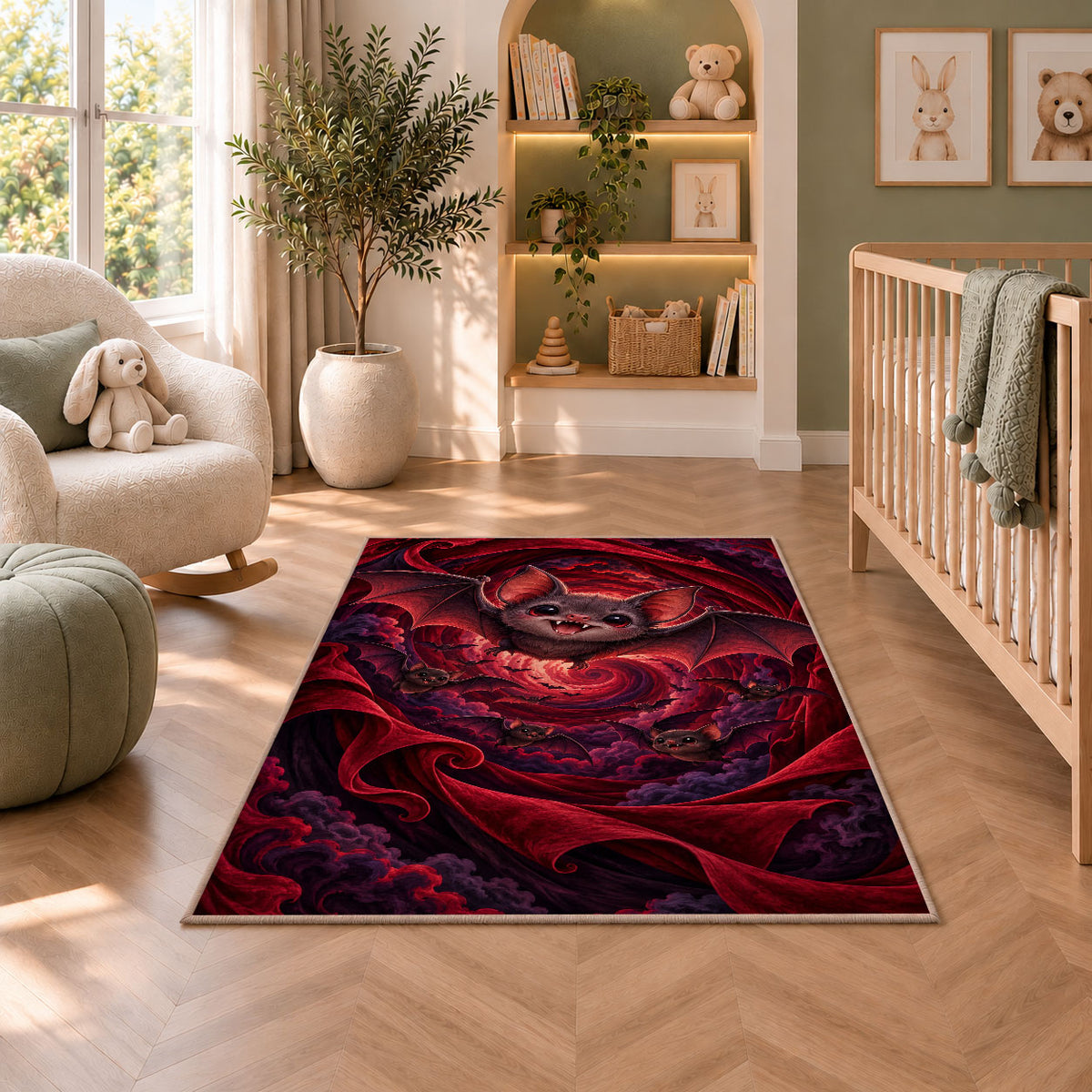 Cute bat red velvet vortex area rug in a nursery seating area