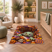 Cute zombie candy vortex area rug in a nursery seating area