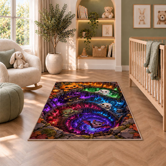 Neon underworld cave vortex area rug in a nursery seating area
