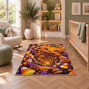 Cute pumpkin candy tunnel area rug in a nursery seating area