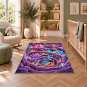 Cute fluffy monster crystal cave area rug in a nursery seating area
