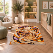 Cute mummy orange swirl area rug in a nursery seating area