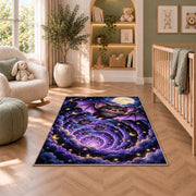 Cute bat full moon galaxy area rug in a nursery seating area