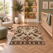 Antlers and Arrows rug in a nursery with a crib and armchair
