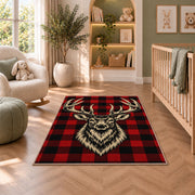 Buffalo Plaid Deer rug in a nursery with a crib and armchair