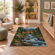 Leaping Deer Stream rug in a nursery with a crib and armchair