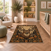 Woodcut Stag rug in a nursery with a crib and armchair