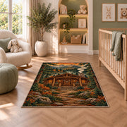 Hunting Cabin rug in a nursery with a crib and armchair