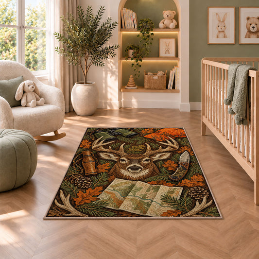 Hunting Gear rug in a nursery with a crib and armchair