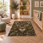 Woodland Camo Buck rug in a nursery with a crib and armchair