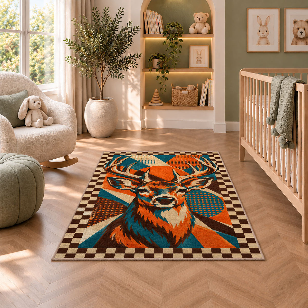 Pop Art Buck rug in a nursery with a crib and armchair