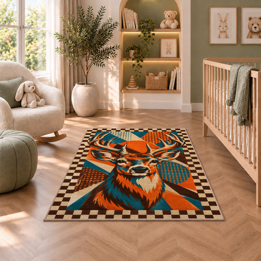 Pop Art Buck rug in a nursery with a crib and armchair