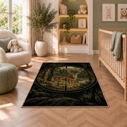 Hunting Scope Buck rug in a nursery with a crib and armchair