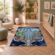 Space Station Road Map Rug, Blue Futuristic City Area Carpet for Kids Bedroom and Playroom Decor - image 3