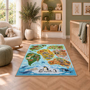 Blue Ocean Animal World Map Rug, Illustrated Geography Area Carpet for Kids Bedroom and Playroom - image 3