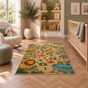 Safari animal hopscotch rug with lions, elephants and numbered stepping circles, shown in a bedroom setting