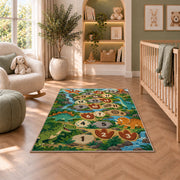 Green dinosaur hopscotch rug with prehistoric plants and numbered footprints, shown in a bedroom setting