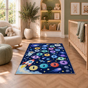Navy galaxy hopscotch rug with colorful numbered planets, a rocket and astronaut, shown in a bedroom setting