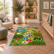 Green farm animal hopscotch rug with numbered circles, barn, tractor and fields, shown in a bedroom setting