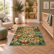 Woodland animal hopscotch rug with earthy numbered circles and green forest foliage, shown in a bedroom setting