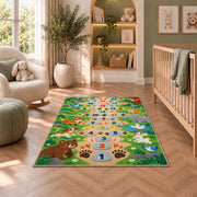 Green animal footprint hopscotch rug with colorful numbers, flowers and friendly animals, shown in a bedroom setting