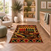 Kwanzaa Mkeka Rug in a nursery with a crib and armchair