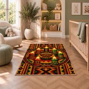 Seven Candles Kwanzaa Rug in a nursery with a crib and armchair