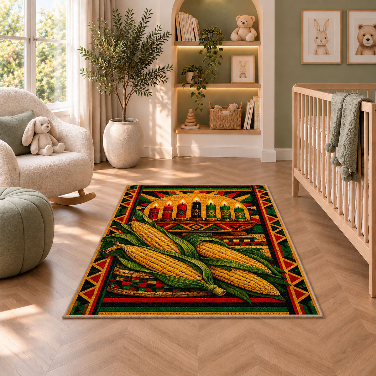 Kwanzaa Corn Rug in a nursery with a crib and armchair