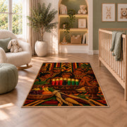 Kwanzaa Family Rug in a nursery with a crib and armchair