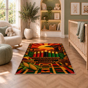 African Sunset Kwanzaa Rug in a nursery with a crib and armchair