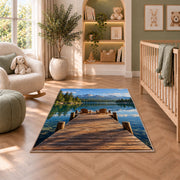 Lake dock with Adirondack chairs rug in a nursery with a crib and armchair