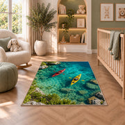 Kayaks on turquoise lake rug in a nursery with a crib and armchair