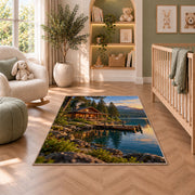 Lakeside log cabin at sunset rug in a nursery with a crib and armchair