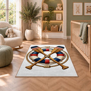 Crossed oars and life ring rug in a nursery with a crib and armchair