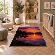 Lake sunset fishing rug in a nursery with a crib and armchair