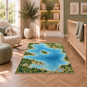 Illustrated lake map rug in a nursery with a crib and armchair