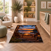 Lakeside campfire with chairs rug in a nursery with a crib and armchair