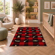 Buffalo plaid lake icons rug in a nursery with a crib and armchair