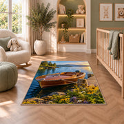 Classic wooden boat at dock rug in a nursery with a crib and armchair