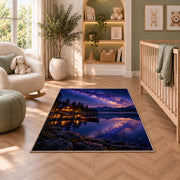 Milky Way over lake cabin rug in a nursery with a crib and armchair