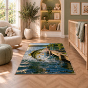 Bass jumping by dock rug in a nursery with a crib and armchair