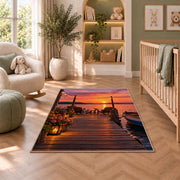 Dock with string lights at sunset rug in a nursery with a crib and armchair
