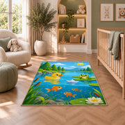 Cartoon pond with duck and frog rug in a nursery with a crib and armchair