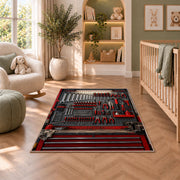 Mechanic tool pegboard rug in a nursery with a crib and armchair