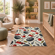 Auto repair tools pattern rug in a nursery with a crib and armchair