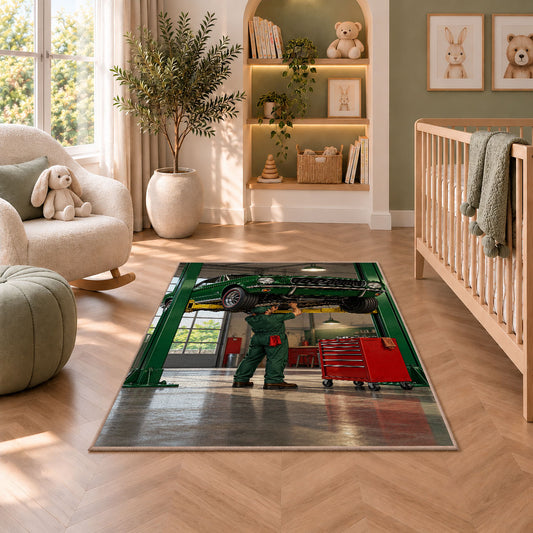 Classic car on a garage lift rug in a nursery with a crib and armchair