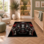 V8 engine from above rug in a nursery with a crib and armchair