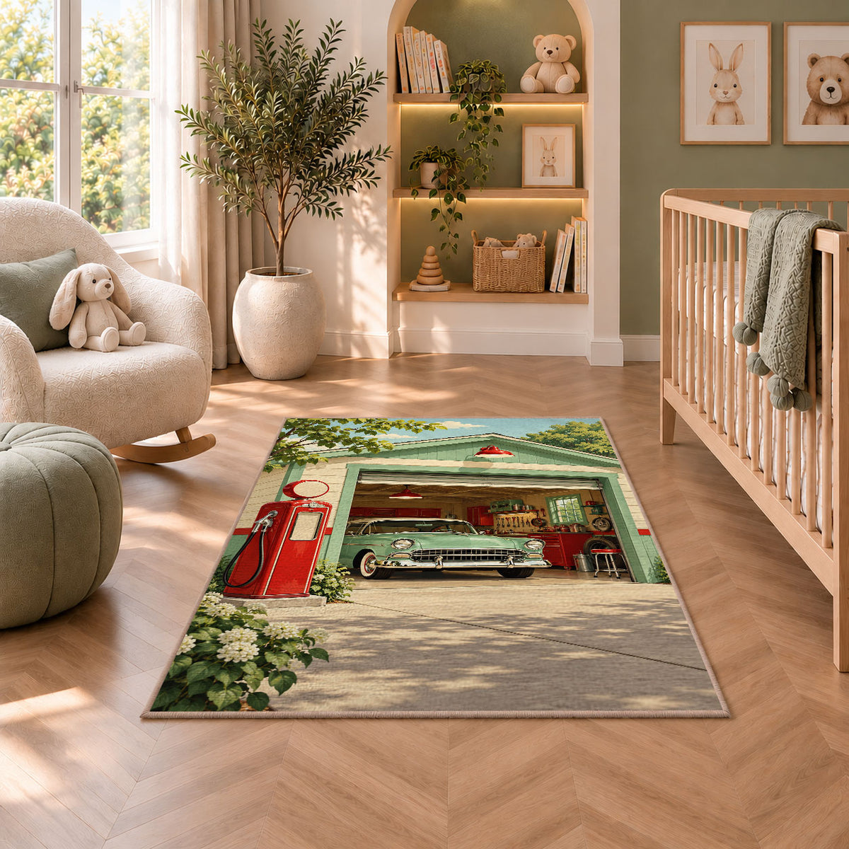 Retro garage with gas pump rug in a nursery with a crib and armchair
