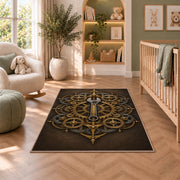 Copper gear mandala rug in a nursery with a crib and armchair