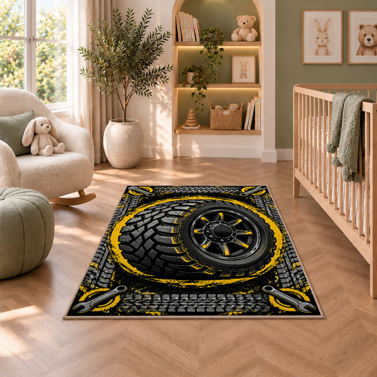 Tire with tire tracks rug in a nursery with a crib and armchair